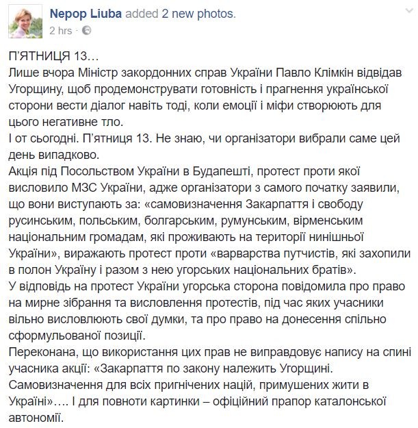 Акцію прокоментувала також посол України в Угорщині Любов Непоп