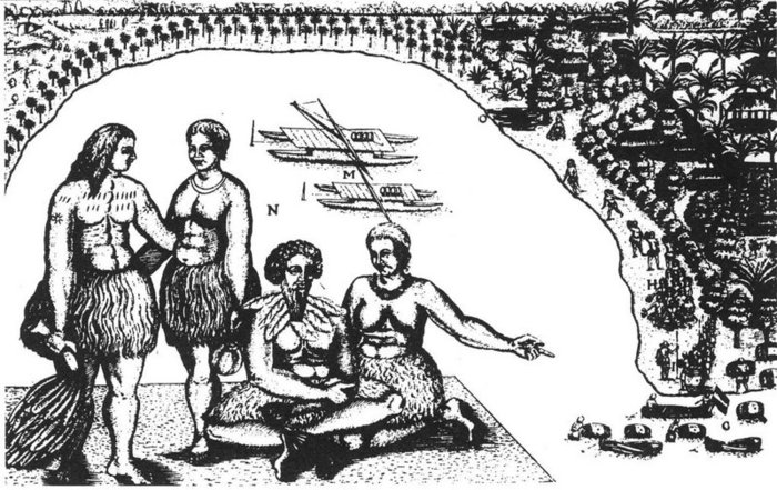 Гравюра на дереві Gilseman з колійного щоденника Абеля Тасмана (1642-1643), яка зображує одяг, човни та населені пункти народу Тонга