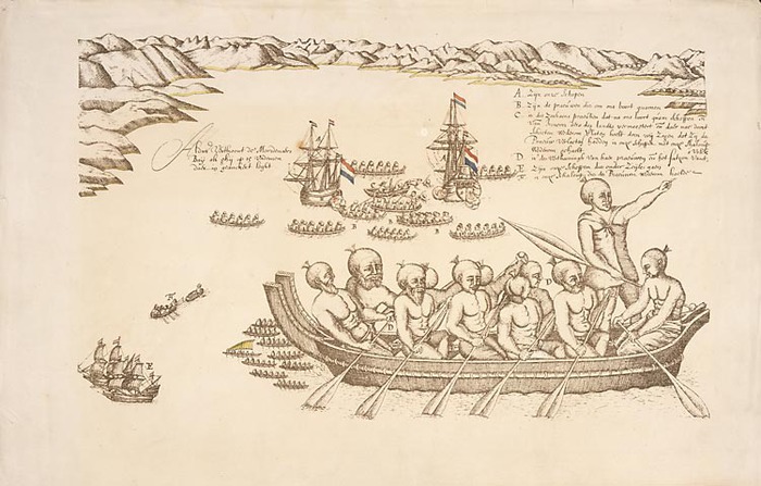 Каное маорі і кораблі Абеля Тасмана в Бухті вбивць (тепер затоку Голден - Бей)