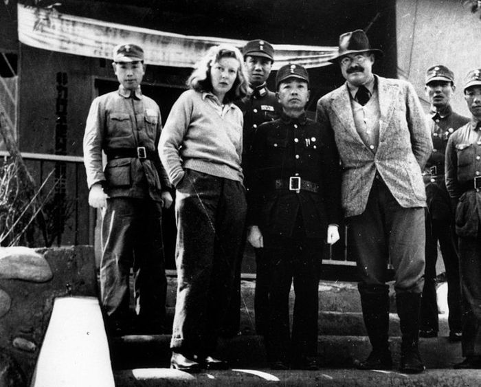 Martha Gellhorn and Ernest Hemingway with unidentified Chinese military officers , Chungking, China, 1941