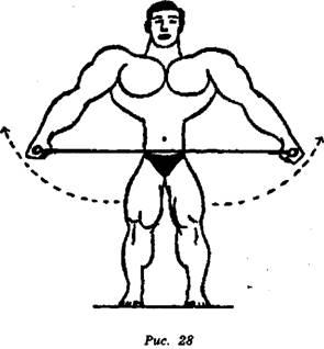 Встаньте прямо, розставивши ноги приблизно на 50 см і тримаючи еспандер на рівні стегон на витягнутих руках так, щоб пружини проходили перед тулубом